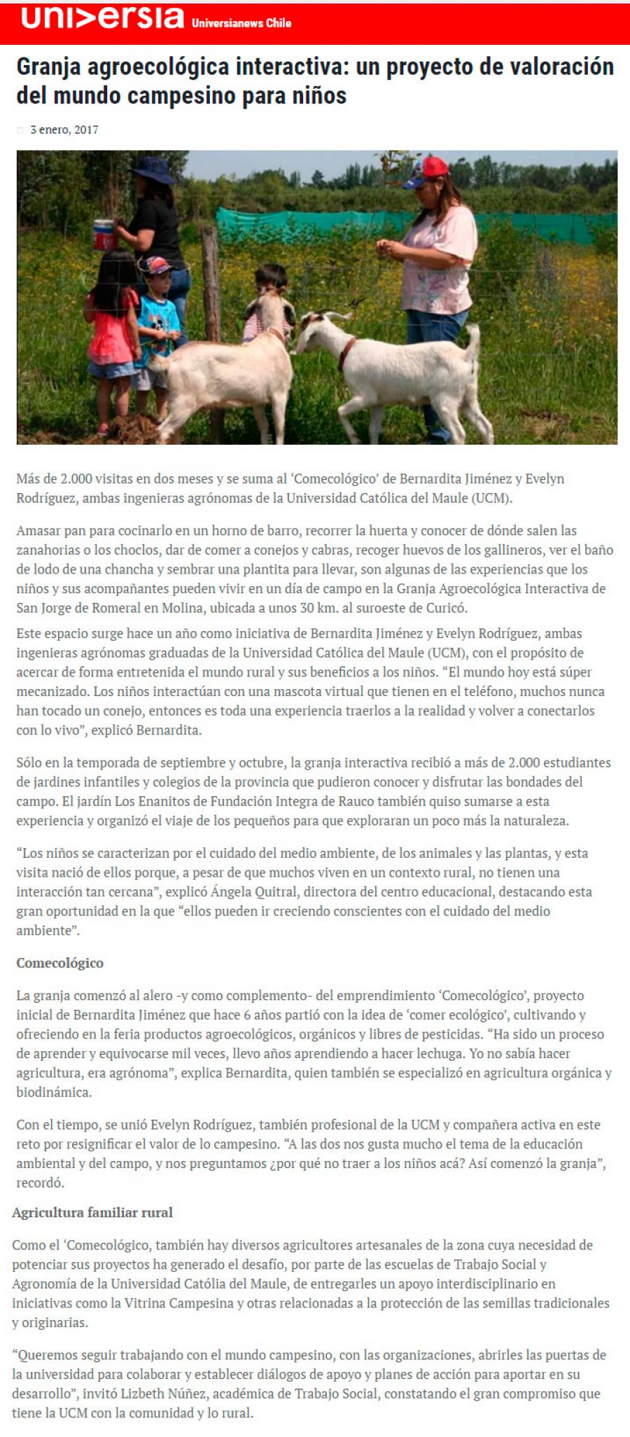 03 de enero 2017 en Universia: “Granja agroecológica interactiva: un proyecto de valoración del mundo campesino para niños”
