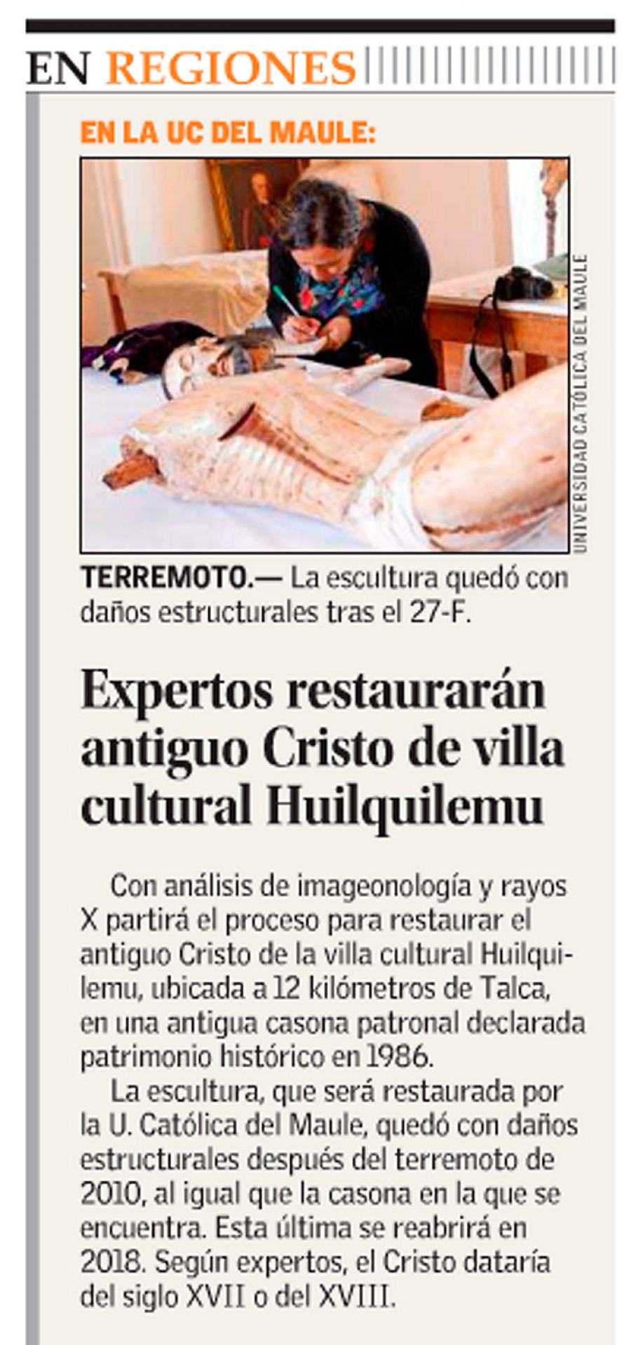 04 de abril en Diario El Mercurio: “Expertos restaurarán antiguo Cristo de Villa Cultural Huilquilemu”