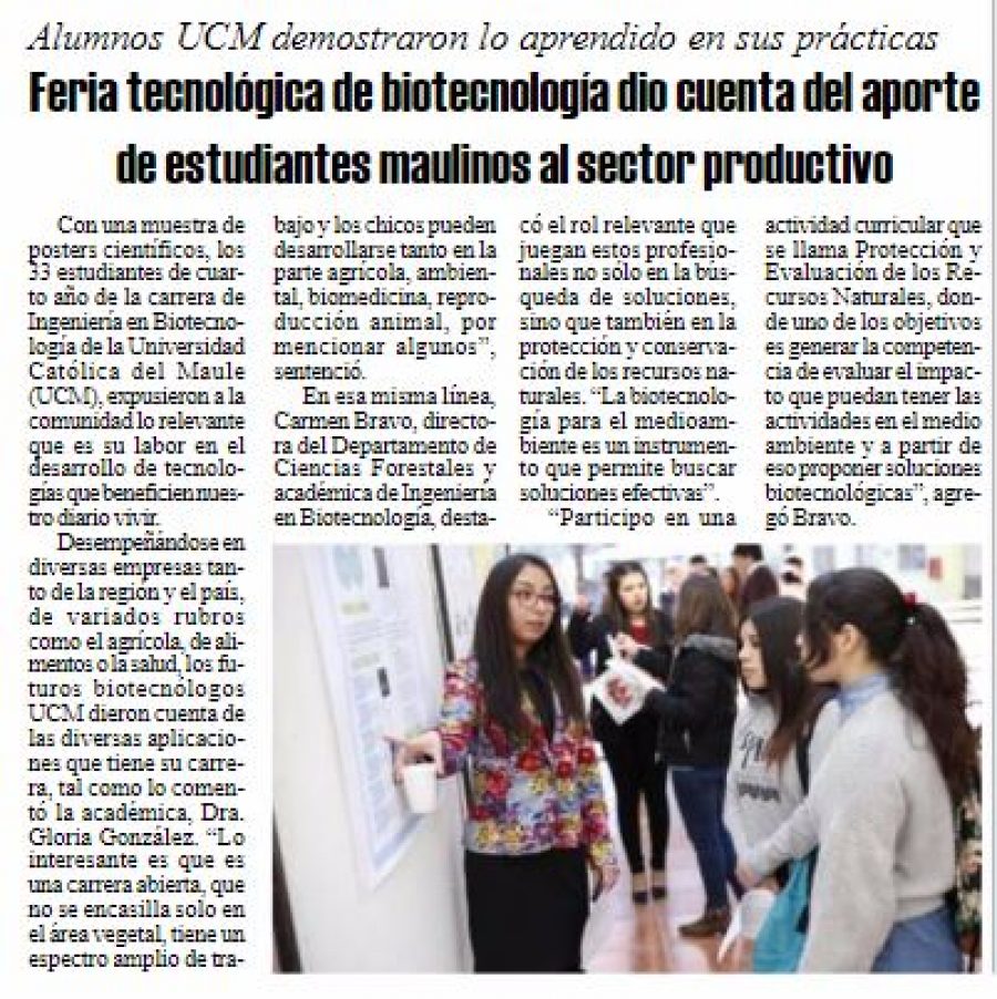05 de septiembre en Diario El Heraldo: “Feria tecnológica de biotecnología dio cuenta del aporte de estudiantes maulinos al sector productivo”