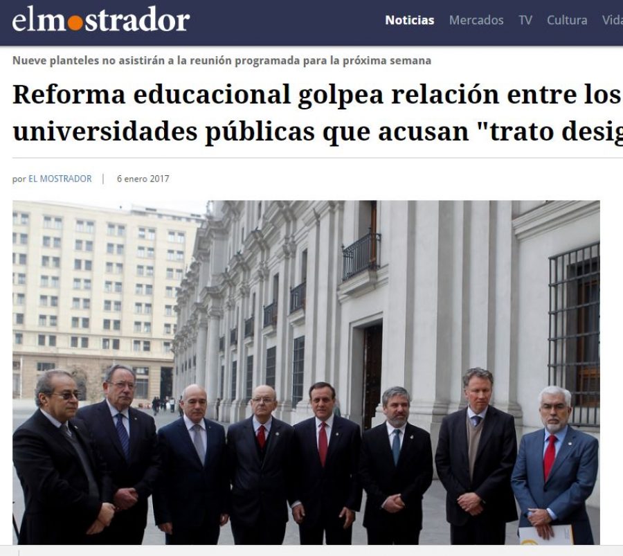 06 de enero en El Mostrador: “Reforma educacional golpea relación entre los rectores de universidades públicas que acusan “trato desigual” del Estado”