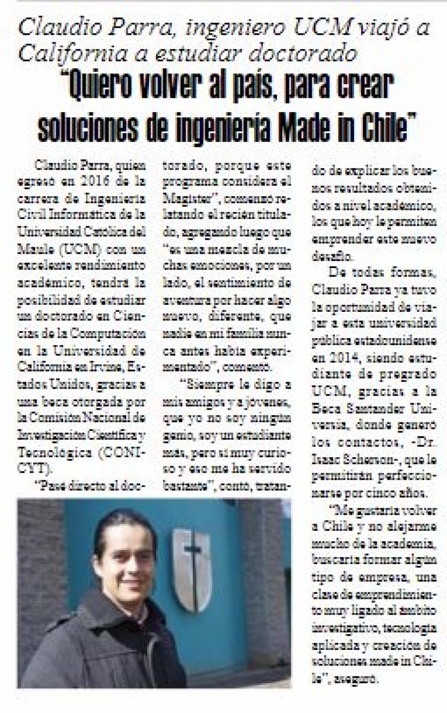 07 de septiembre en Diario El Heraldo: “Quiero volver al país, para crear soluciones de ingeniería Made in Chile”