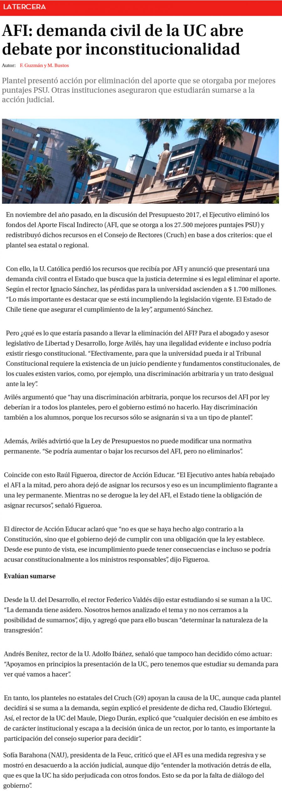 05 de enero en Diario La Tercera: “AFI: demanda civil de la UC abre debate por inconstitucionalidad”