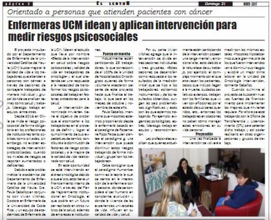 21 de mayo en Diario El Lector: “Enfermeras UCM idean y aplican intervención para medir riesgos psicosociales”