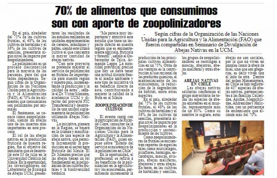 05 de julio en Diario El Heraldo: “70% de alimentos que consumimos son con aportes de zoopolinizadores”