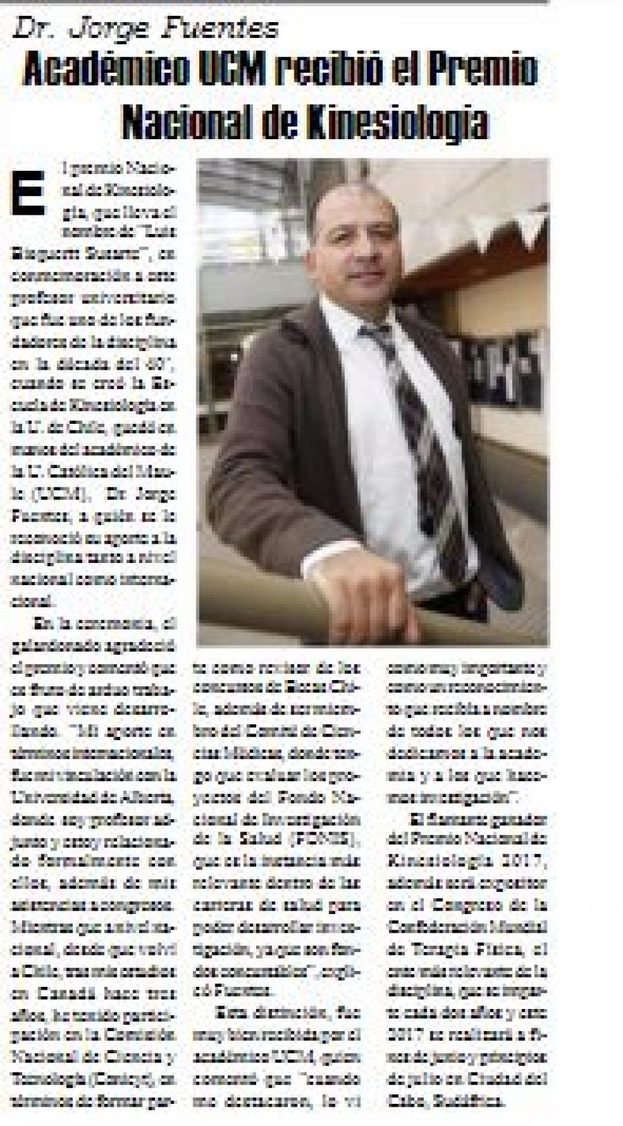 26 de mayo en Diario El Heraldo: “Académico UCM recibió el Premio Nacional de Kinesiología”