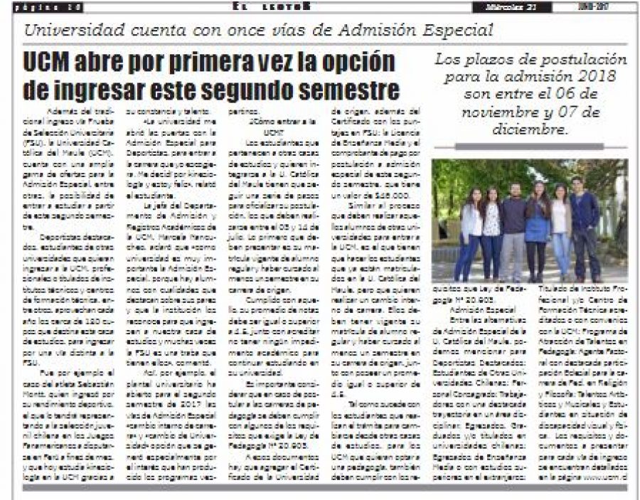 21 de junio en Diario El Lector: “UCM abre por primera vez la opción de ingresar este segundo semestre”