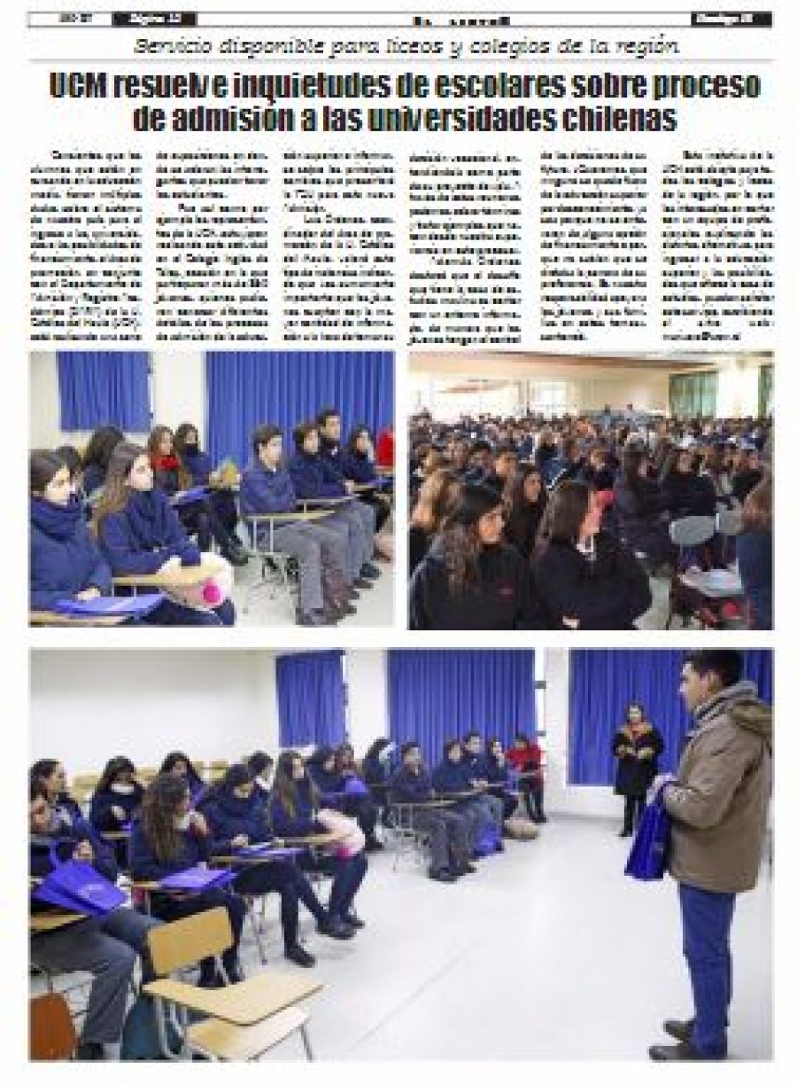 18 de junio en Diario El Lector: “UCM resuelve inquietudes de escolares sobre proceso de admisión a las universidades chilenas