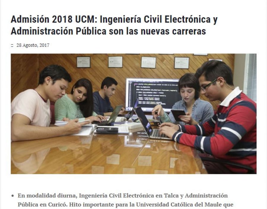 28 de agosto en Universia: “Admisión 2018 UCM: Ingeniería Civil Electrónica y Administración Pública son las nuevas carreras”