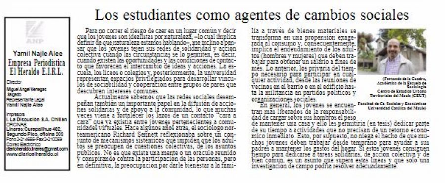 01 de junio en Diario El Heraldo: “Los estudiantes como agentes de cambios sociales”