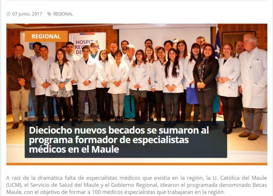 07 de junio en Redmaule.com: “Dieciocho nuevos becados se sumaron al programa formador de especialistas médicos en el Maule”