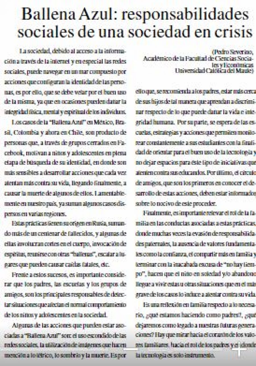 07 de mayo en Diario El Heraldo: “Ballena Azul: responsabilidades sociales de una sociedad en crisis”