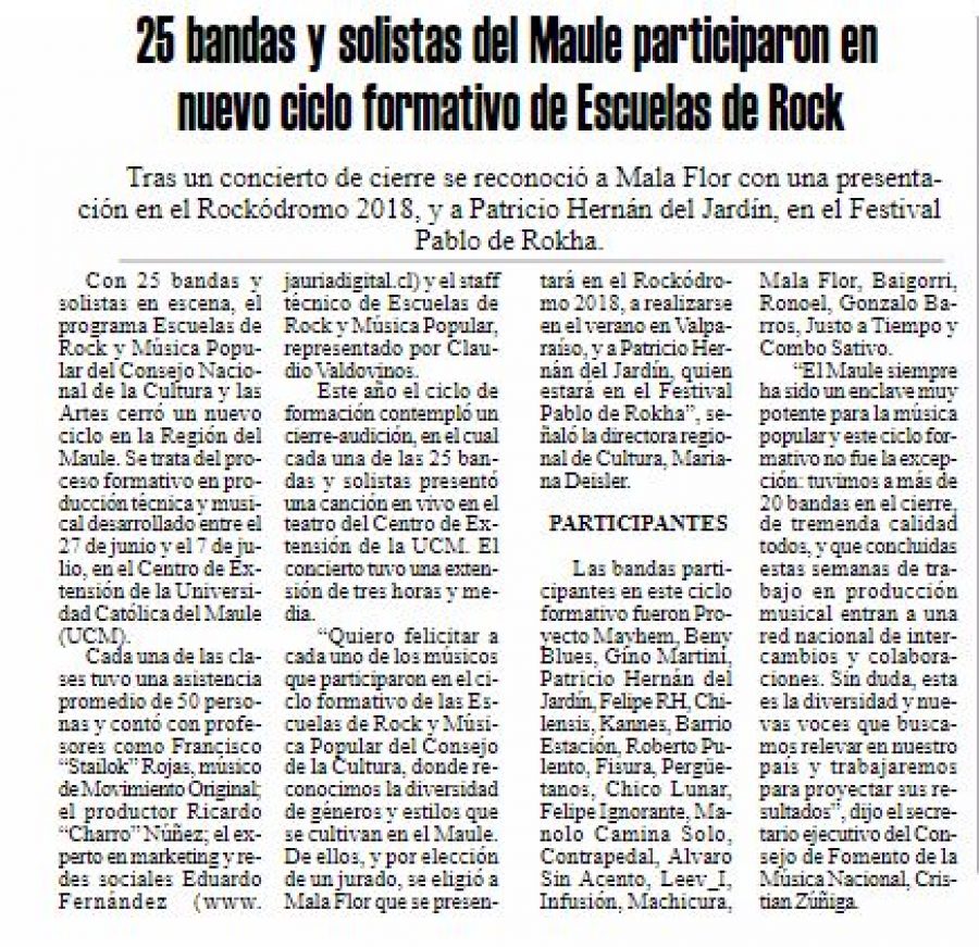 13 de julio en Diario El Heraldo: “25 bandas y solistas del Maule participaron en nuevo ciclo formativo de Escuelas de Rock”