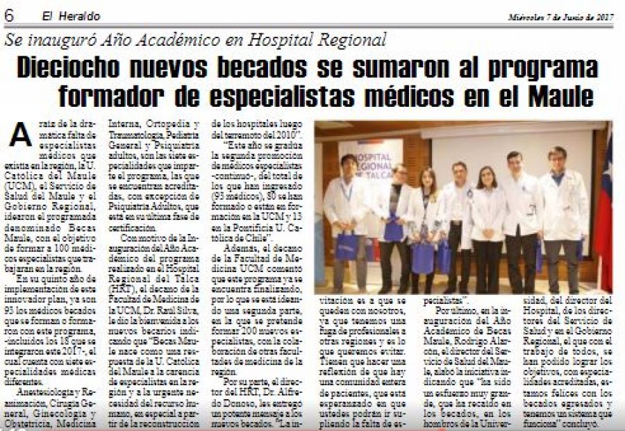07 de junio en Diario El Heraldo: “Dieciocho nuevos becados se sumaron al programa formador de especialistas médicos en el Maule”