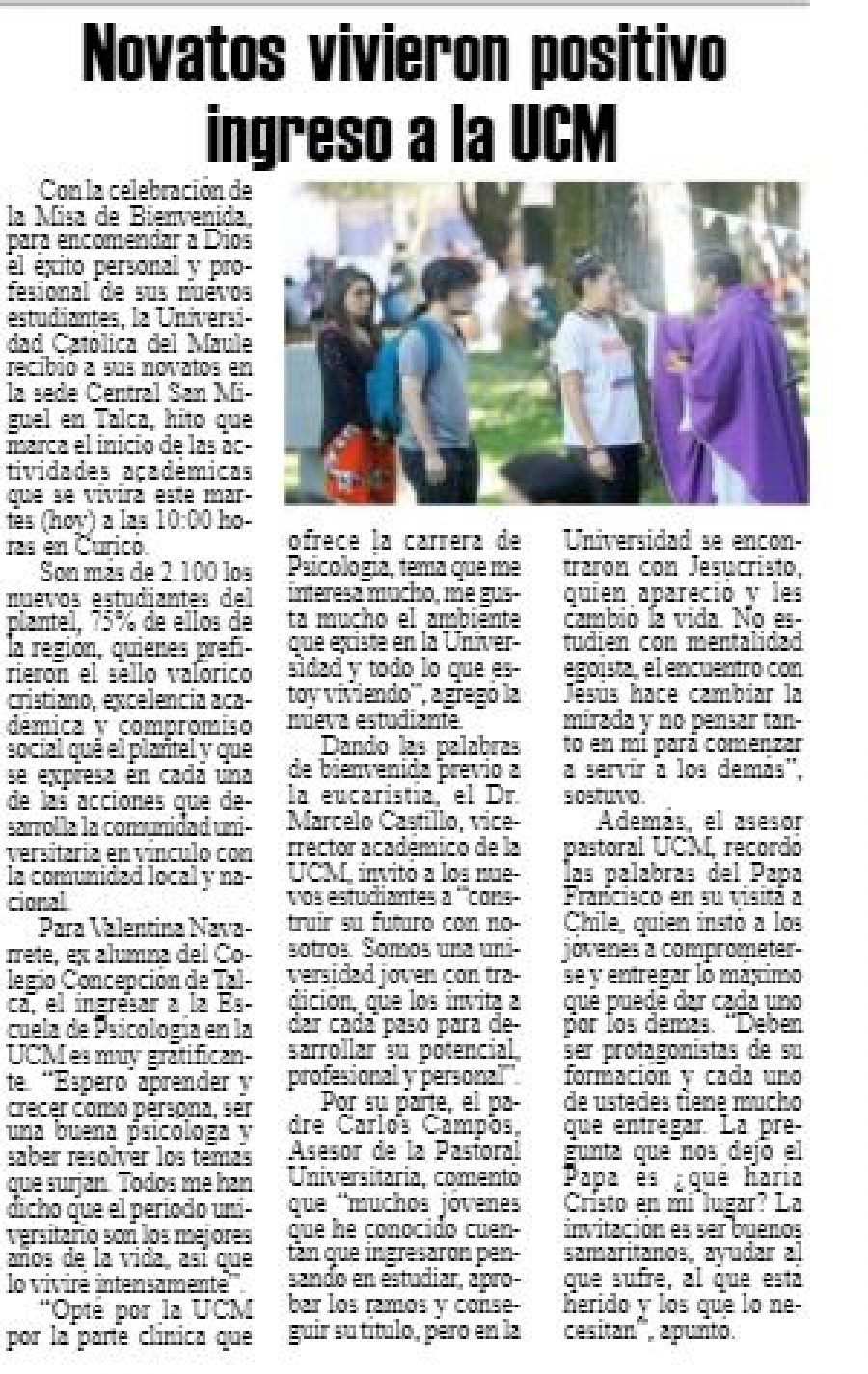06 de marzo en Diario El Heraldo: “Novatos vivieron positivo ingreso a la UCM”