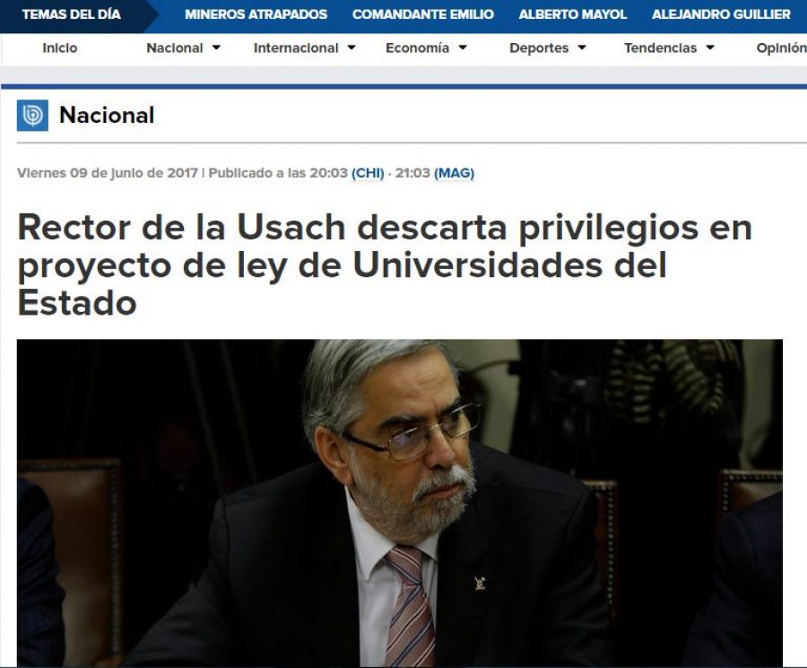 09 de junio en Bio Bio Chile: “Rector de la Usach descarta privilegios en proyecto de ley de Universidades del Estado”
