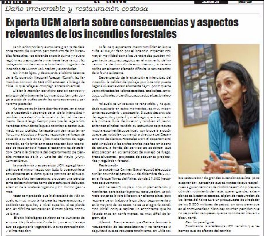 26 de enero de 2017 en Diario El Lector: “Experta UCM alerta sobre consecuencias y aspectos relevantes de los incendios forestales”