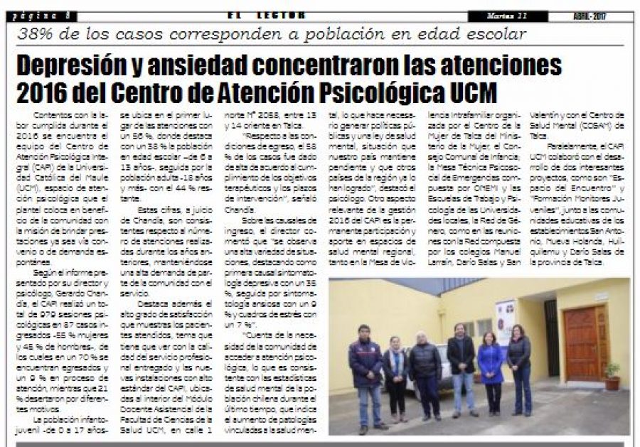 11 de abril en Diario El Lector: “Depresión y ansiedad concentraron las atenciones 2016 del Centro de Atención Psicológica UCM”