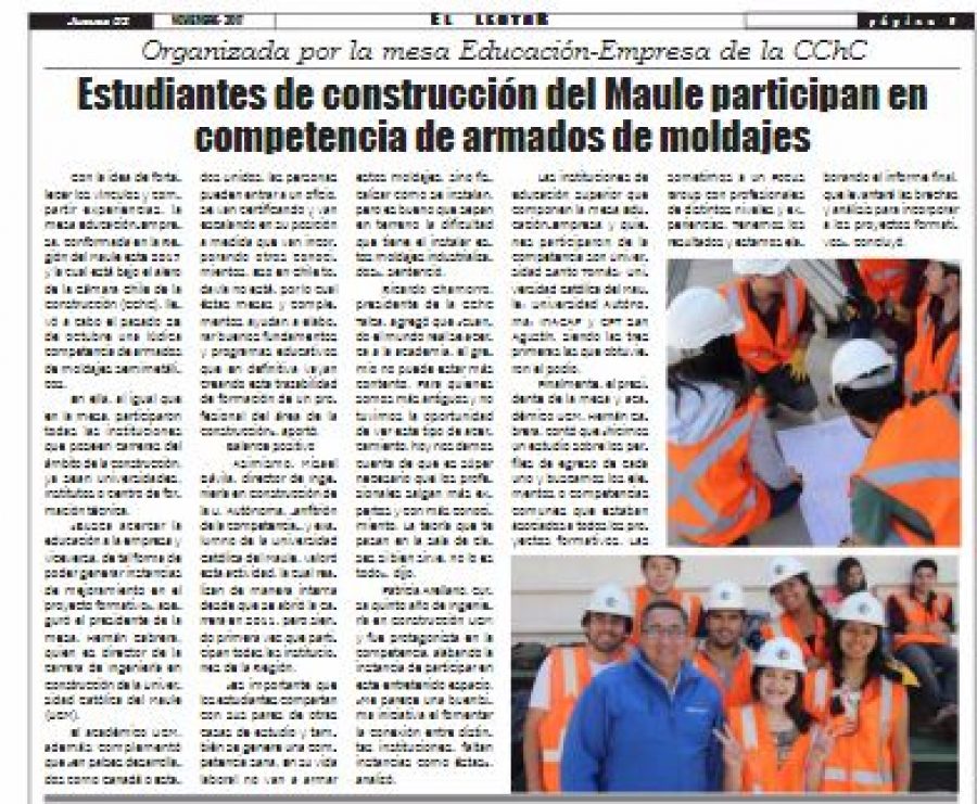 02 de noviembre en Diario El Lector: “Estudiantes de construcción del Maule participan en competencia de armado de moldajes”