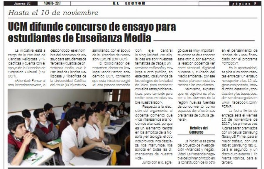 31 de agosto en Diario El Lector: “UCM difunde concurso de ensayo para estudiantes de Enseñanza Media”