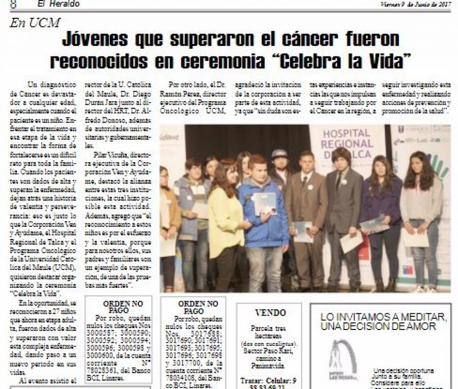 09 de junio en Diario El Heraldo: “Jóvenes que superaron el cáncer fueron reconocidos en ceremonia “Celebra la Vida”