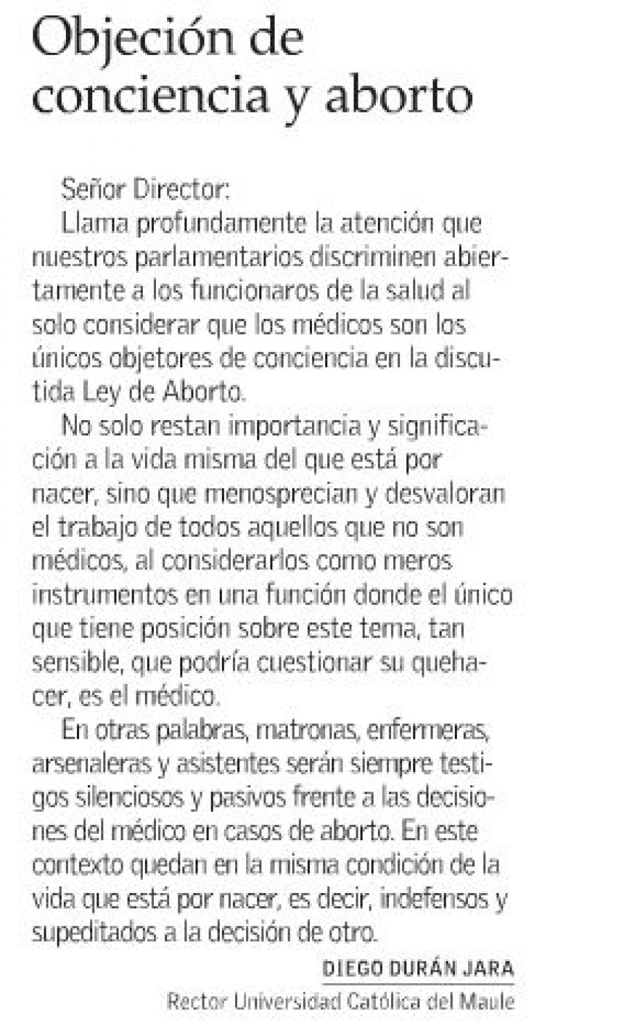 15 de junio en Diario El Mercurio: “Objeción de conciencia y aborto”