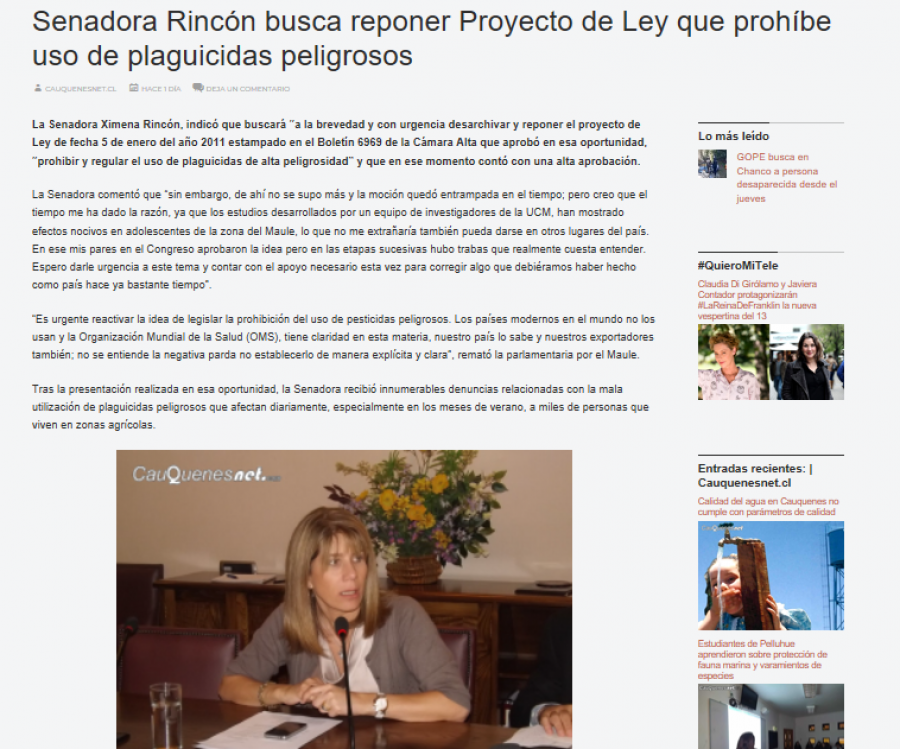 08 de julio en Cauquenes.net: “Senadora Rincón busca reponer Proyecto de Ley que prohíbe uso de plaguicidas peligrosos”