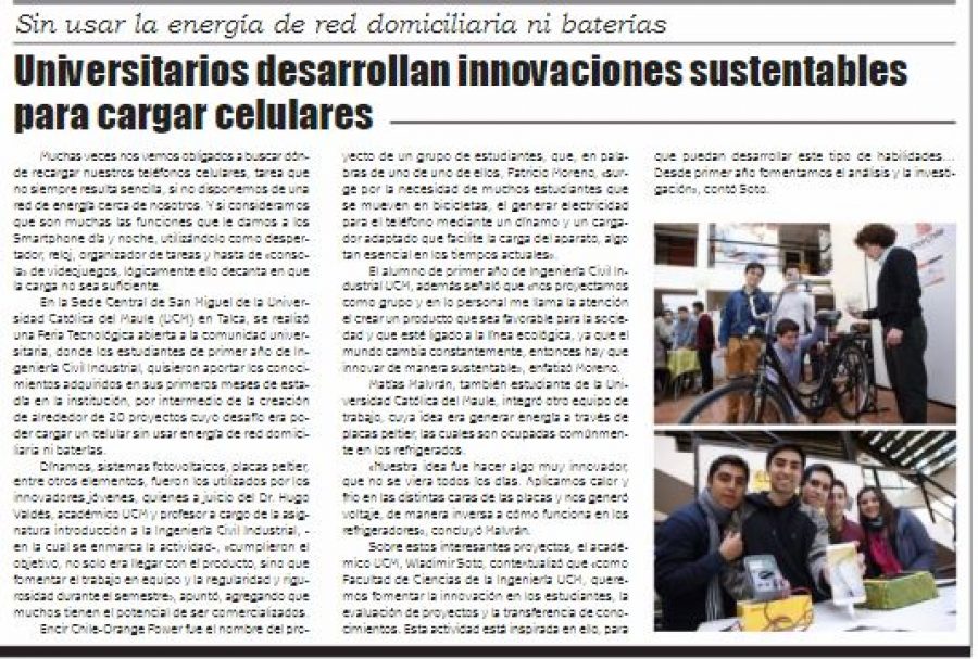 29 de julio en Diario El Lector: “”Universitarios desarrollan innovaciones sustentables para cargar celulares””