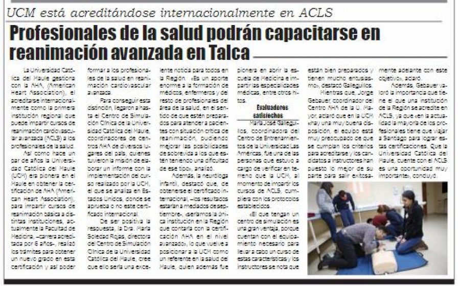 07 de agosto en Diario El Lector: “Profesionales de la salud podrán capacitarse en reanimación avanzada en Talca”