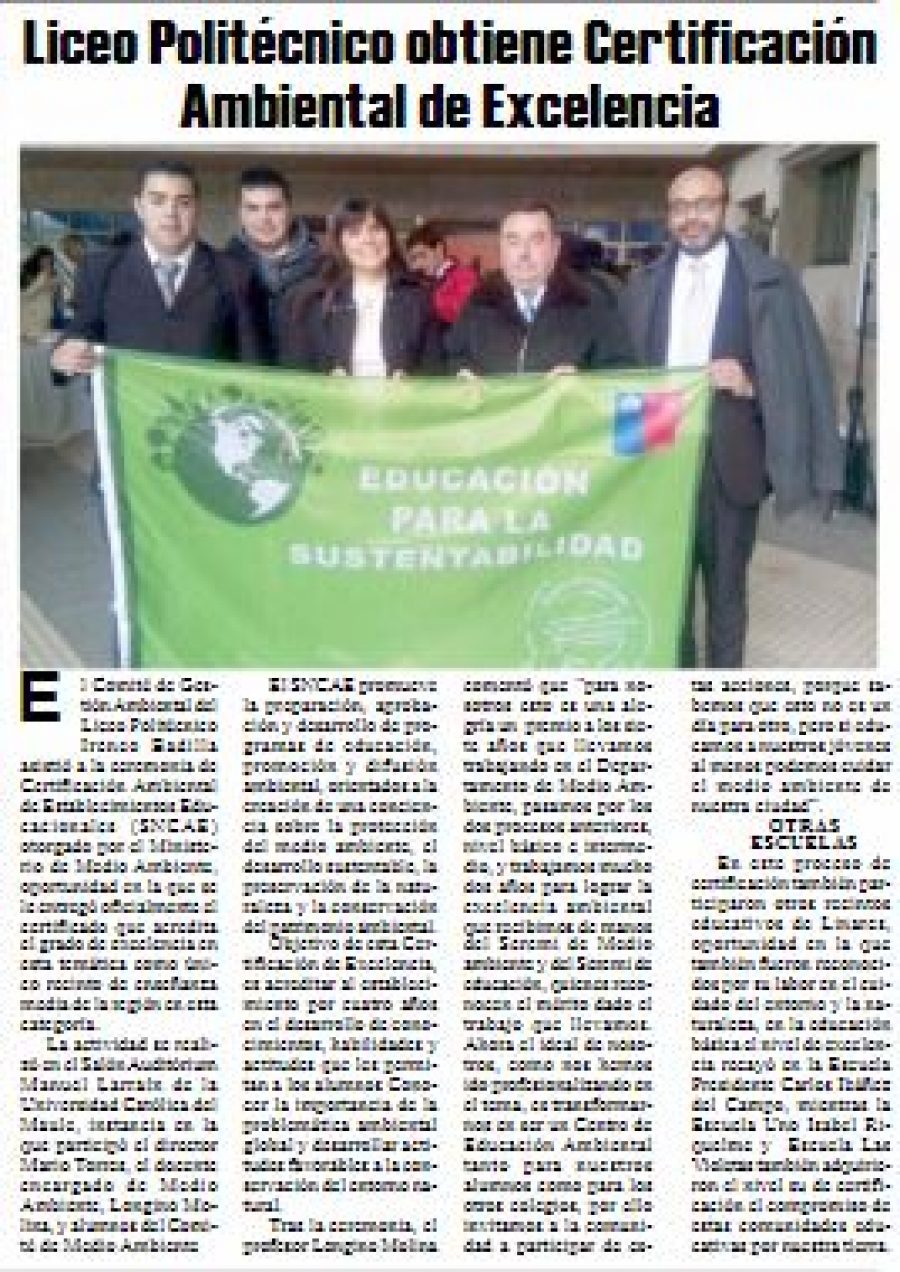 08 de junio en Diario El Heraldo: “Liceo Politécnico obtiene Certificación Ambiental de Excelencia”