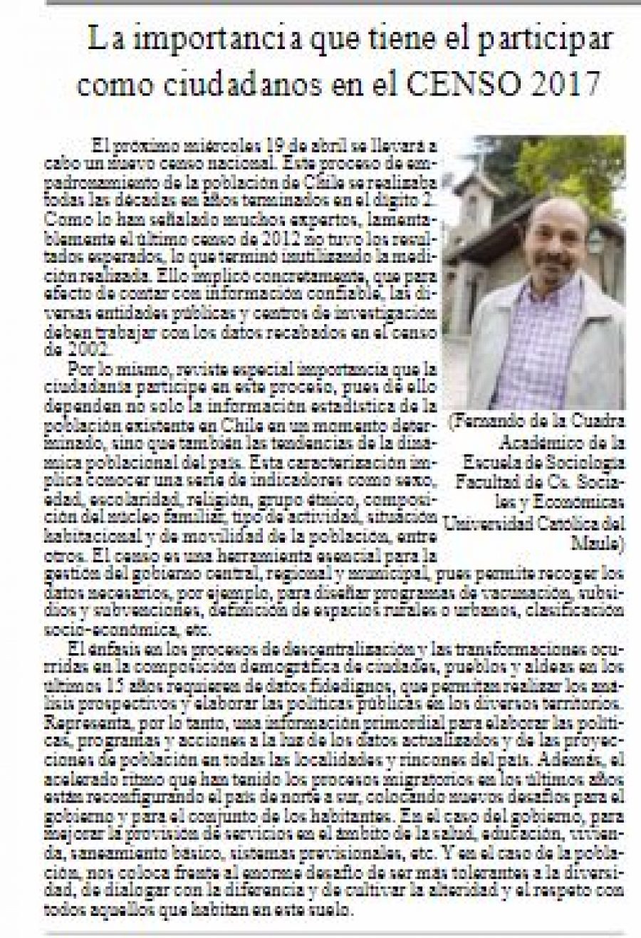 15 de abril en Diario El Heraldo: “La importancia que tiene el participar como ciudadanos en el CENSO 2017”