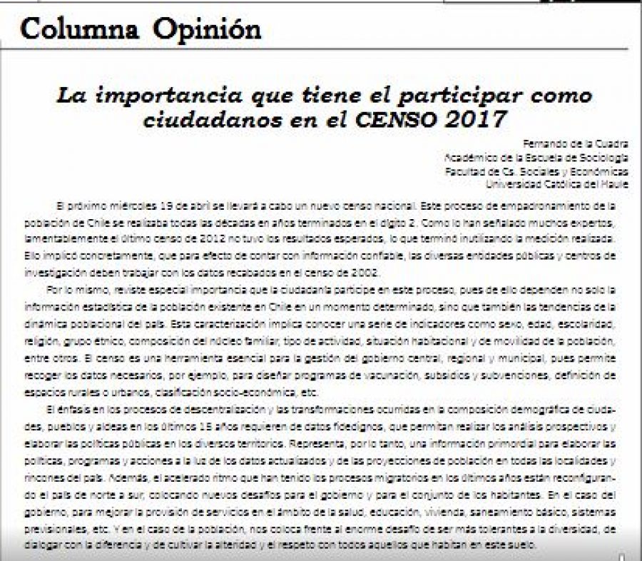 15 de abril en Diario El Lector: “La importancia que tiene el participar como ciudadanos en el CENSO 2017”