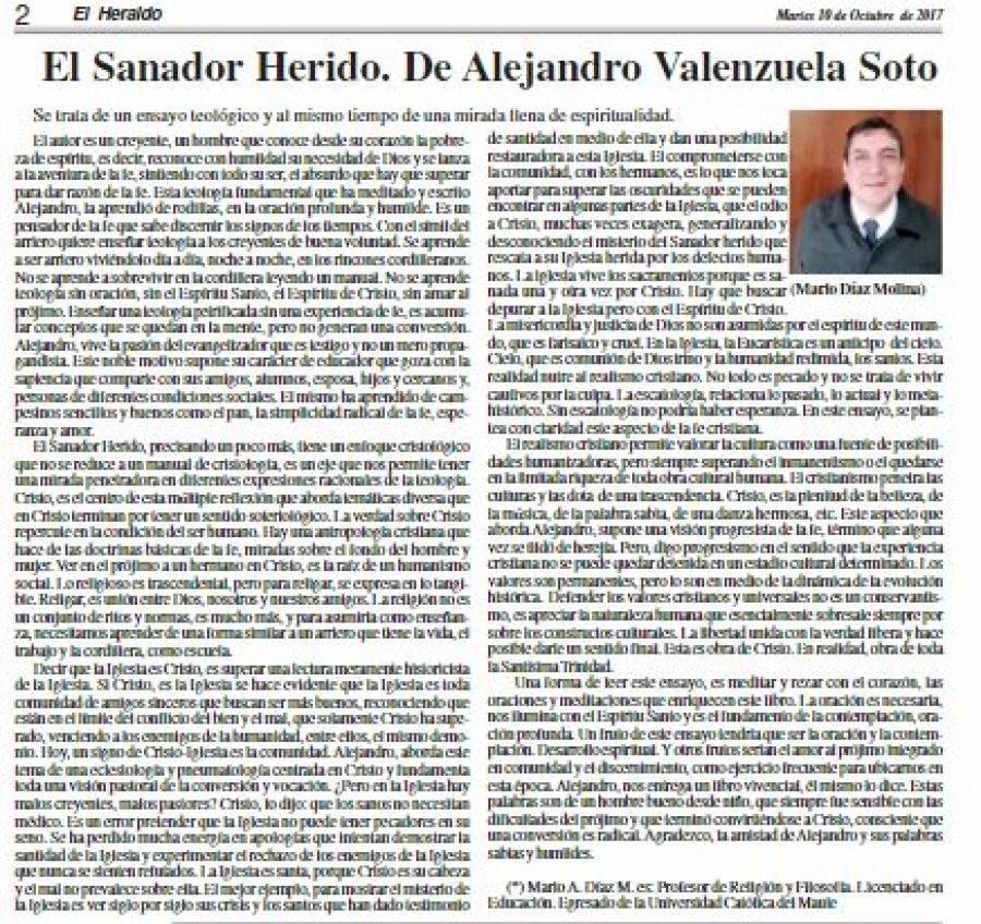 10 de octubre en Diario El Heraldo: “El Sanador Herido. De Alejandro Valenzuela Soto”
