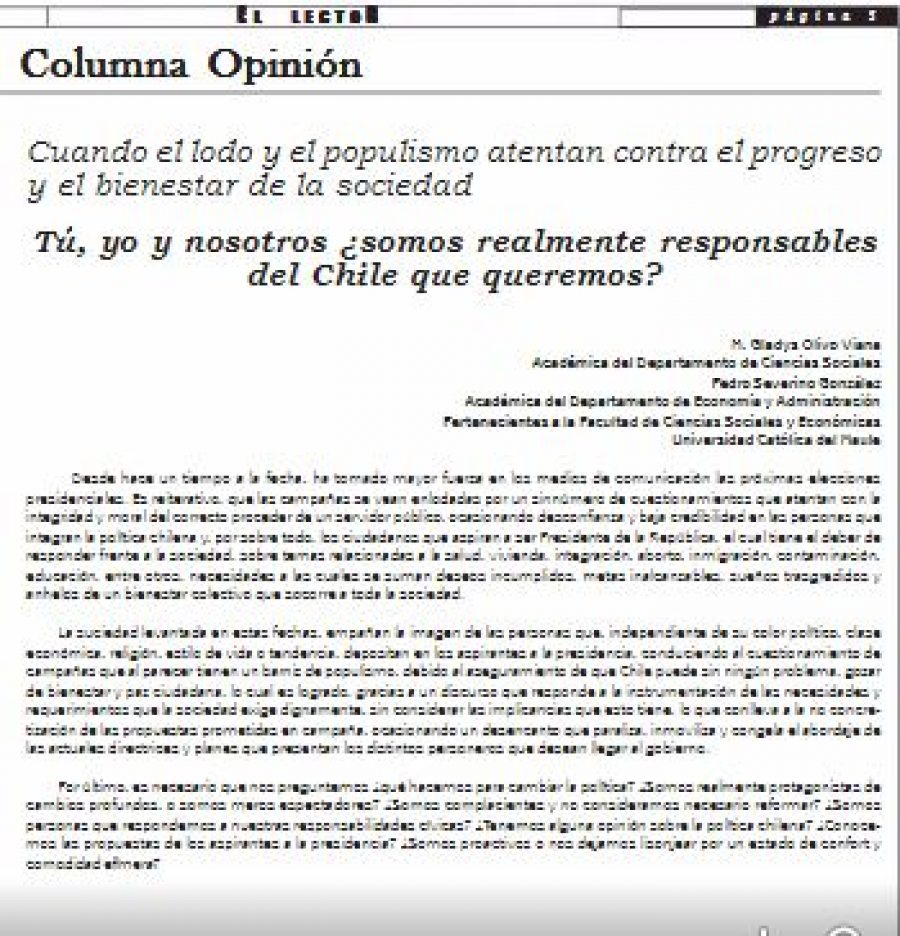 15 de junio en Diario El Lector: “Tú, yo y nosotros ¿somos realmente responsables del Chile que queremos”