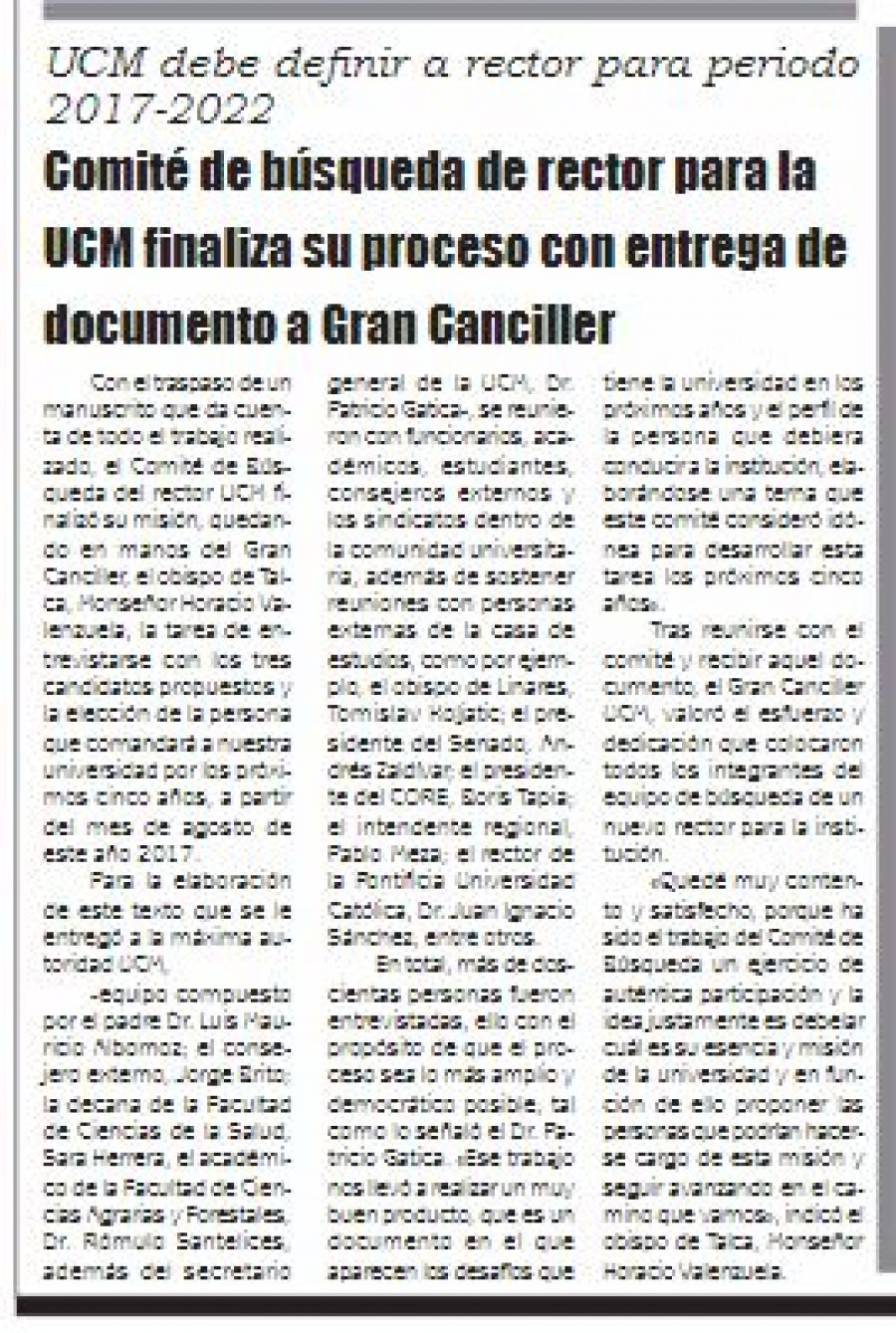 24 de junio en Diario El Lector: “Comité de búsqueda de rector para la UCM finaliza su proceso con entrega de documento a Gran Canciller”