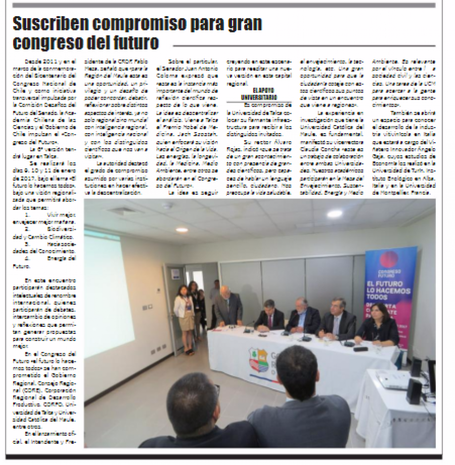 04 de enero 2017 en Diario El Lector: “Suscriben compromiso para gran congreso del futuro”