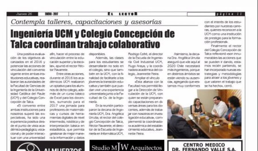 26 de enero de 2017 en Diario El Lector: “Ingeniería UCM y Colegio Concepción de Talca coordinan trabajo colaborativo”