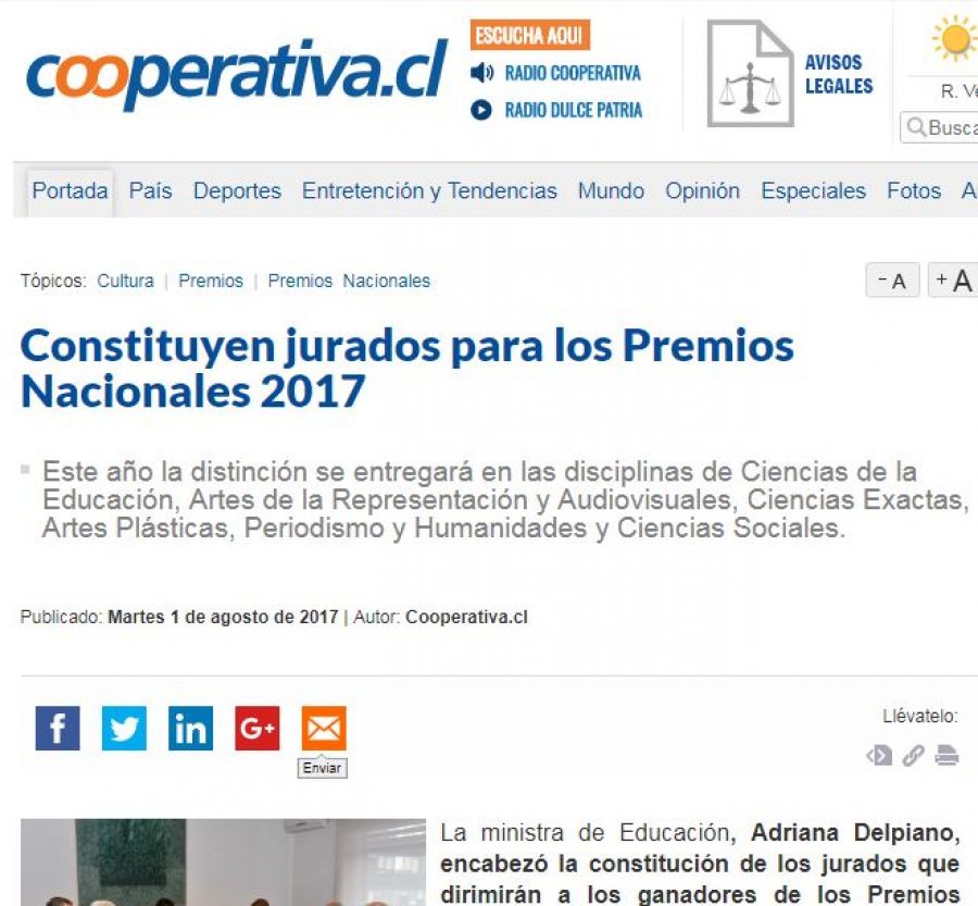 01 de agosto en Cooperativa: “Constituyen jurados para los Premios Nacionales 2017”