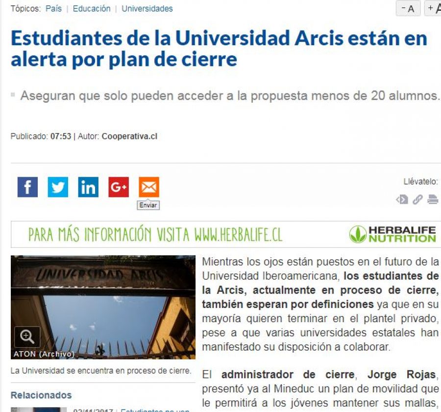 03 de noviembre en Cooperativa: “Estudiantes de la Universidad Arcis están en alerta por plan de cierre”