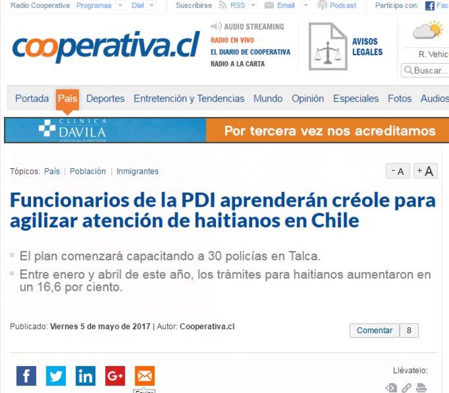05 de mayo en Cooperativa: “Funcionarios de la PDI aprenderán créole para agilizar atención de haitianos en Chile”