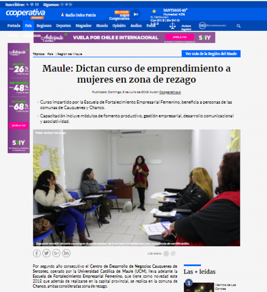 08 de julio en Cooperativa: “Maule: Dictan curso de emprendimiento a mujeres en zona de rezago”