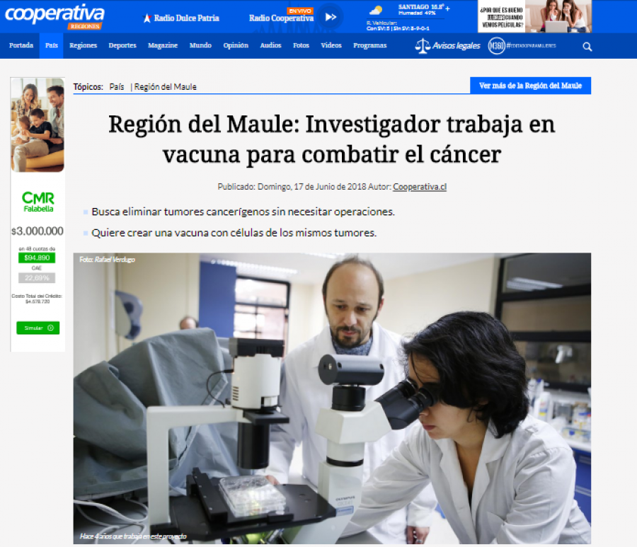 17 de junio en Cooperativa: “Región del Maule: Investigador trabaja en vacuna para combatir el cáncer”