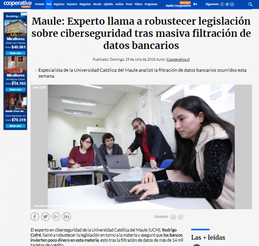 29 de julio en Cooperativa: “Maule: Experto llama a robustecer legislación sobre ciberseguridad tras masiva filtración de datos bancarios”
