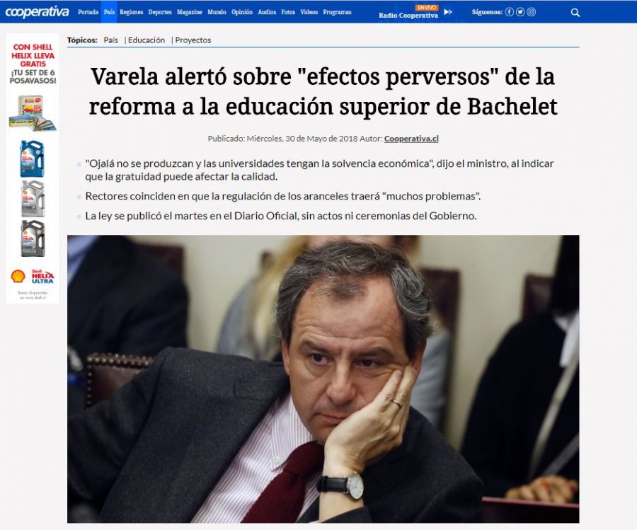 30 de mayo en Cooperativa: “Varela alertó sobre “efectos perversos” de la reforma a la educación superior de Bachelet”