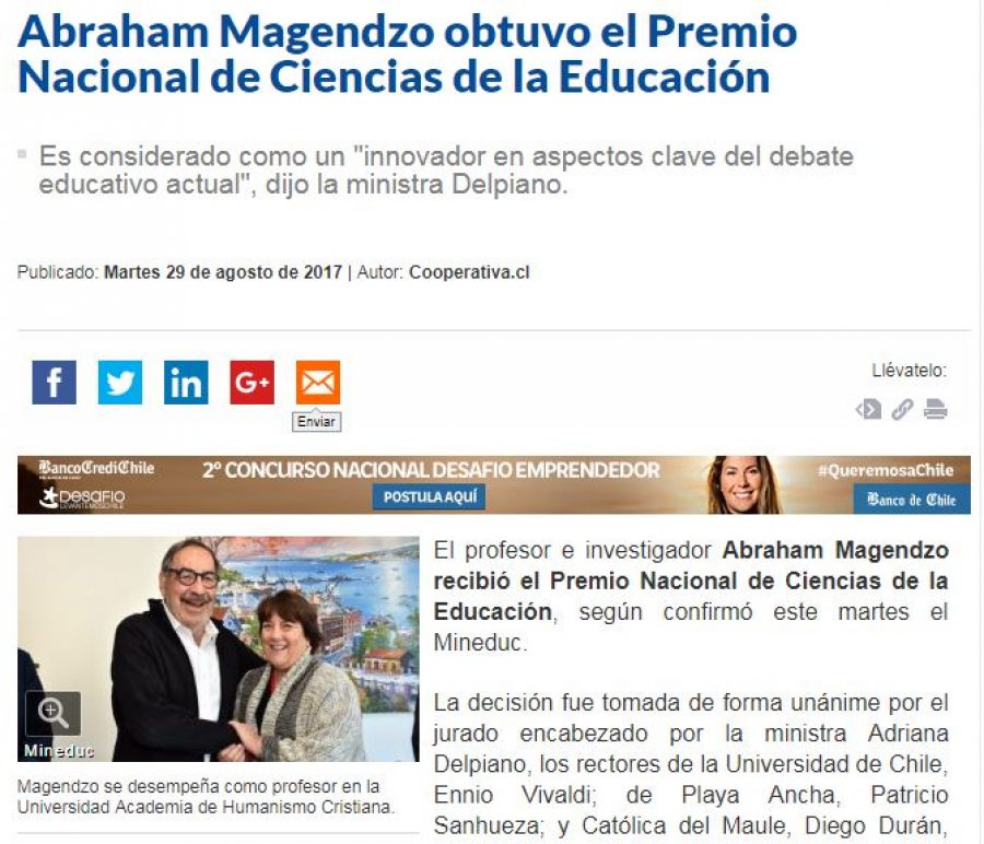 29 de agosto en Cooperativa: “Abraham Magendzo obtuvo el Premio Nacional de Ciencias de la Educación”