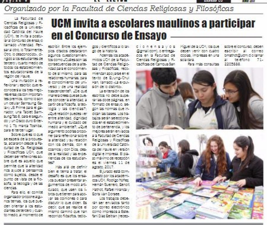 03 de junio en Diario El Lector: “UCM invita a escolares maulinos a participar en el Concurso de Ensayo”