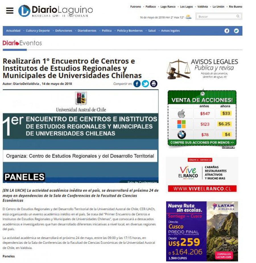 14 de mayo en Diario Laguino: “Realizarán 1er Encuentro de Centros e Institutos de Estudios Regionales y Municipales de Universidades Chilenas”