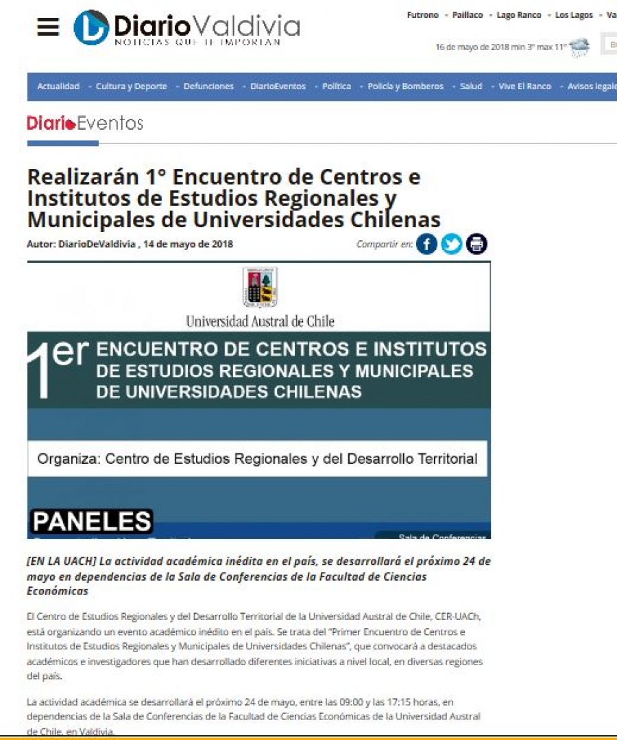 14 de mayo en Diario Valdivia: “Realizarán 1° Encuentro de Centros e Institutos de Estudios Regionales y Municipales de Universidades Chilenas”
