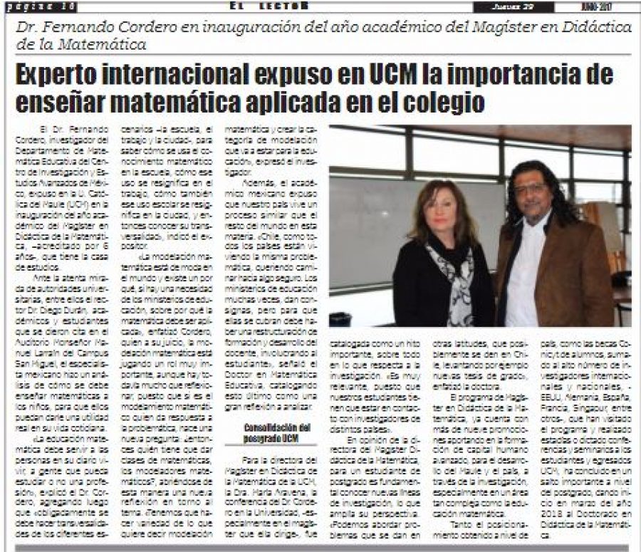 29 de junio en Diario El Lector: “Experto internacional expuso en UCM la importancia de enseñar matemática aplicada en el colegio”