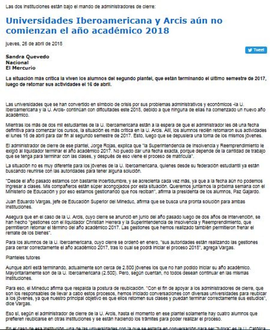 25 de abril en Economía y Negocios: “Universidades Iberoamericana y Arcis aún no comienzan el año académico 2018”