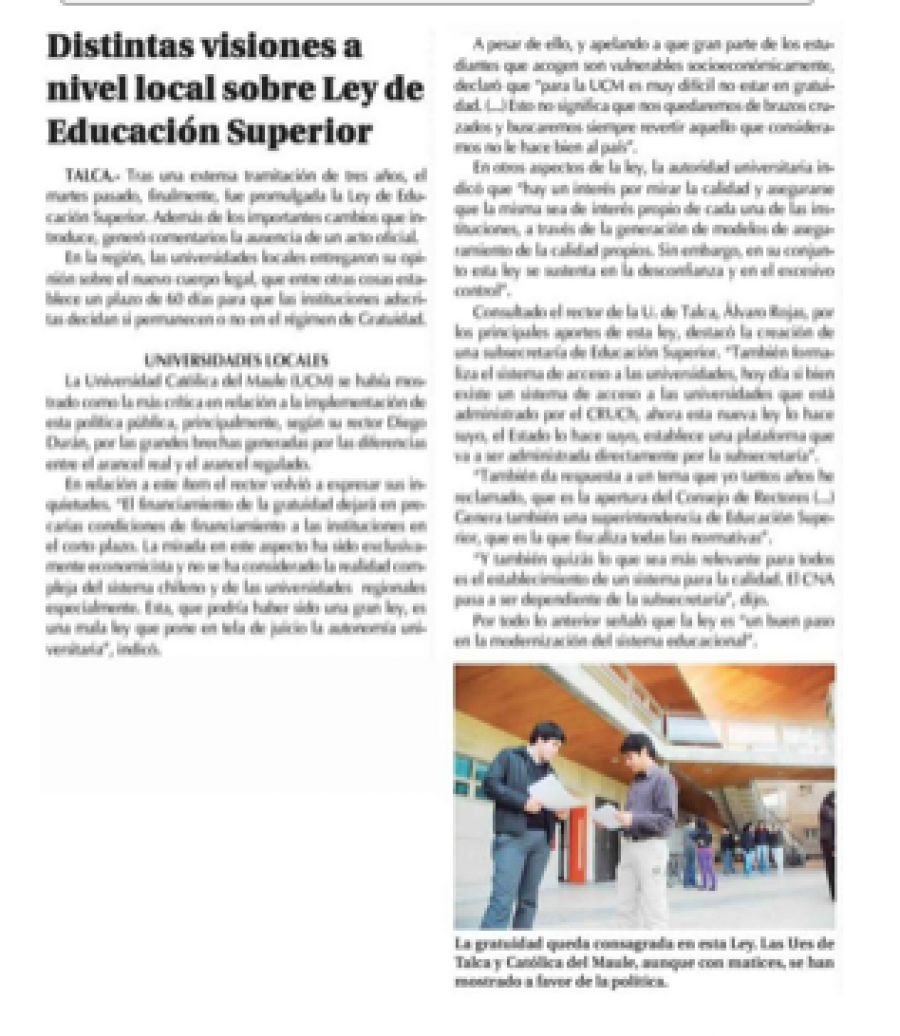 01 de junio en Diario El Centro: “Distintas visiones a nivel local sobre ley de Educación Superior”